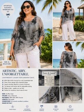 Lucy & Laurel Gray and Charcoal Sheer Tie-Dye Tunic - Women's Plus
